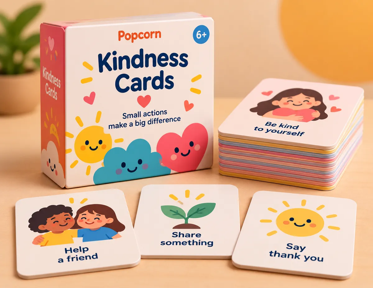 Kindness Cards box with cards saying help a friend, share something and say thank you